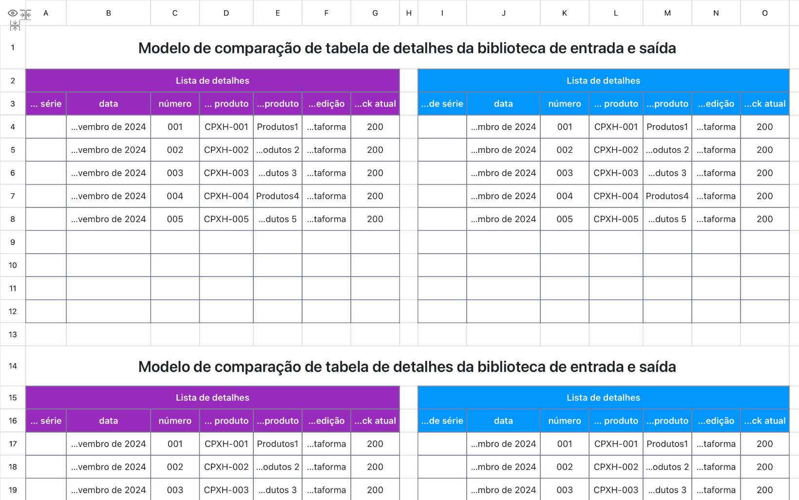 Modelo de comparação de tabela de detalhes da biblioteca de entrada e saída